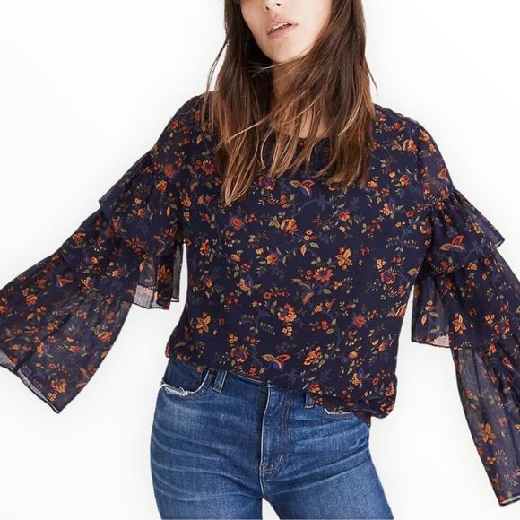 Madewell Tiered Ruffle-Sleeve Top in Climbing Vine Navy Floral size Small - Picture 2 of 14